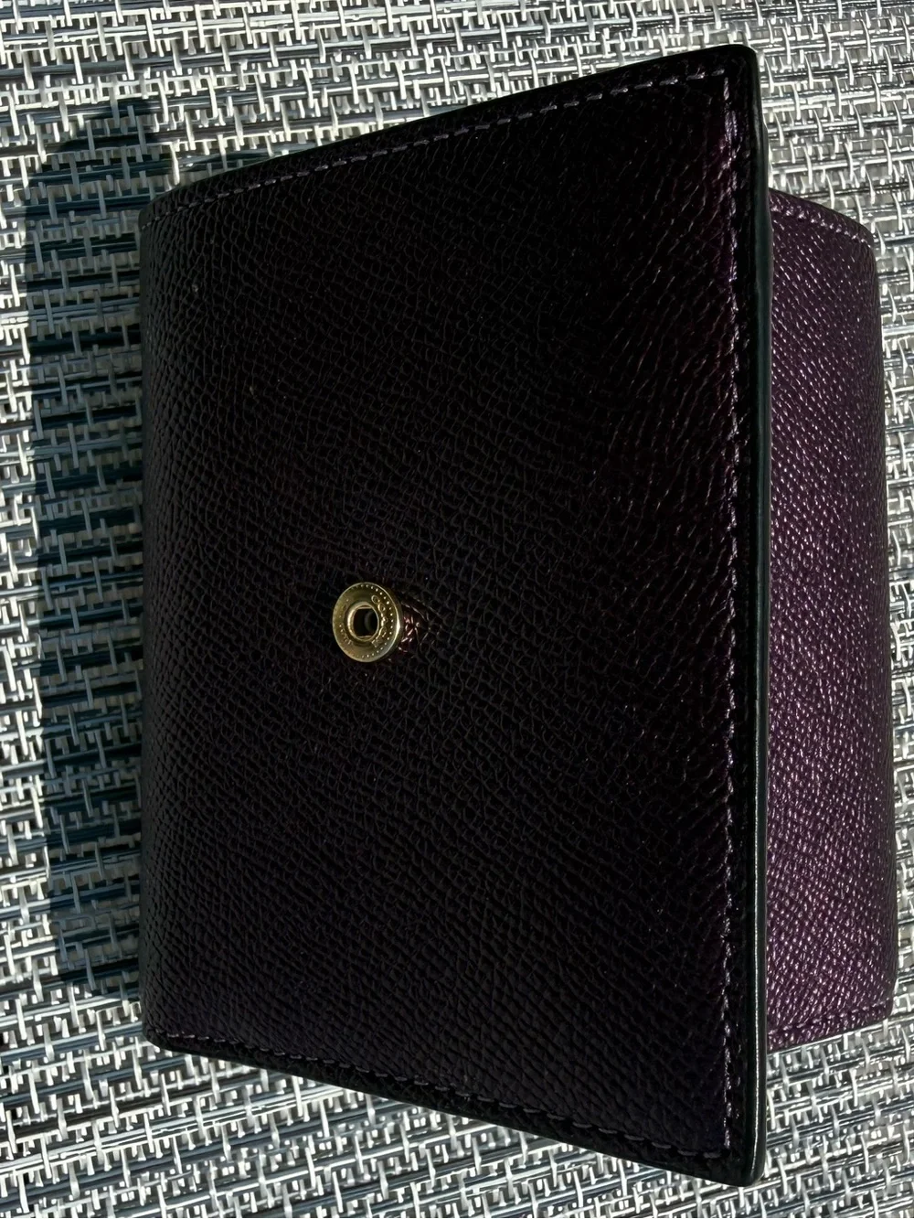 Coach metallic purple trifold button wallet
